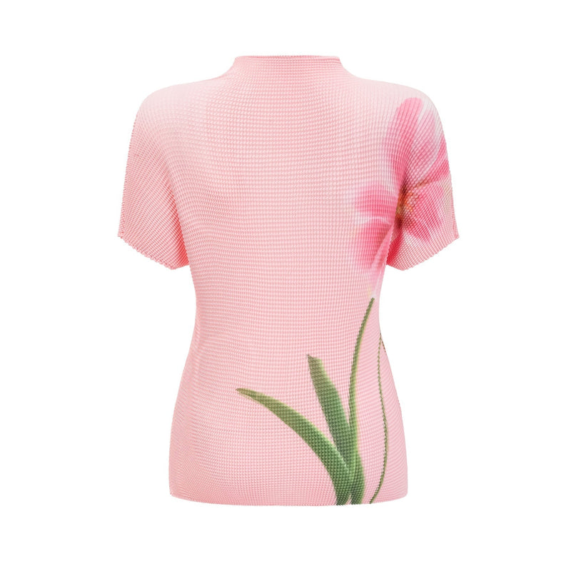 Michela Pink Floral Midi Dress crew neck short sleeves 100% Terylene fiber floral print pleated detailing midi-length skirt luxury fashion day evening occasions