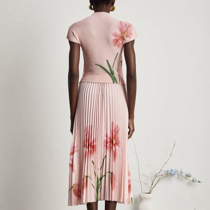 Michela Pink Floral Midi Dress with Crew Neck and Short Sleeves