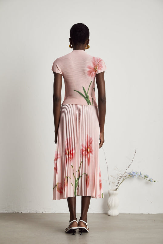 Michela Pink Floral Midi Dress with Crew Neck and Short Sleeves