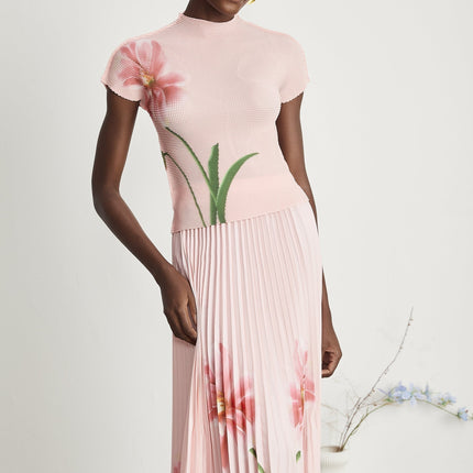 Michela Pink Floral Midi Dress crew neck short sleeves Terylene fiber floral print pleated detailing midi-length skirt luxury fashion day evening occasions