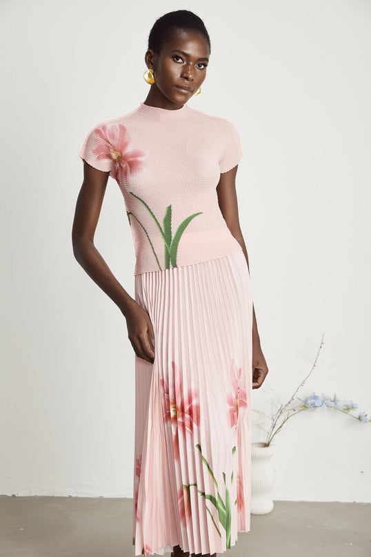 Michela Pink Floral Midi Dress crew neck short sleeves Terylene fiber floral print pleated detailing midi-length skirt luxury fashion day evening occasions