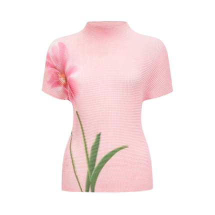 Michela Pink Floral Midi Dress crew neck short sleeves Terylene fiber floral print pleated detailing midi-length skirt luxury fashion elegance