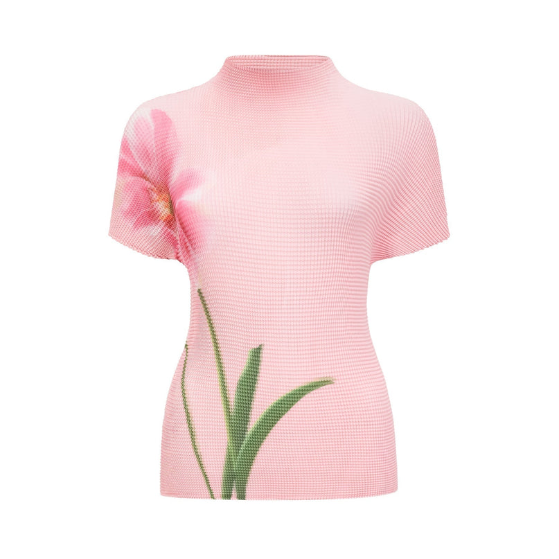 Michela Pink Floral Midi Dress crew neck short sleeves Terylene fiber floral print pleated detailing midi-length skirt luxury fashion elegance