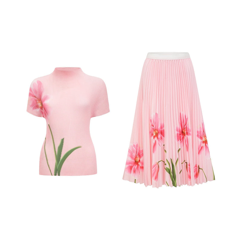 Michela Pink Floral Midi Dress crew neck short sleeves Terylene fiber floral print design pleated detailing midi-length skirt luxury fashion day evening occasions