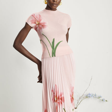 Michela Pink Floral Midi Dress crew neck short sleeves Terylene fiber floral print pleated detailing midi-length skirt luxury fashion