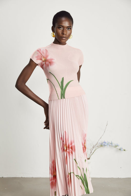 Michela Pink Floral Midi Dress crew neck short sleeves Terylene fiber floral print pleated detailing midi-length skirt luxury fashion