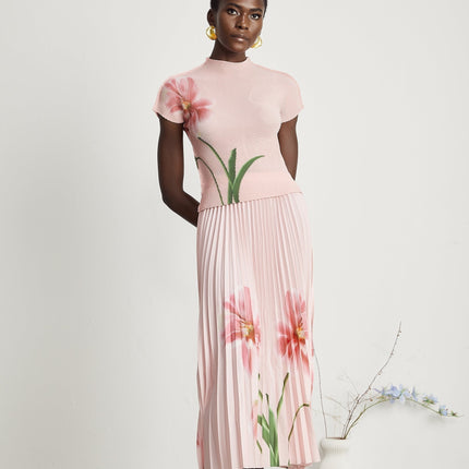Michela Pink Floral Midi Dress crew neck short sleeves Terylene fiber floral print pleated detailing midi-length skirt luxury fashion