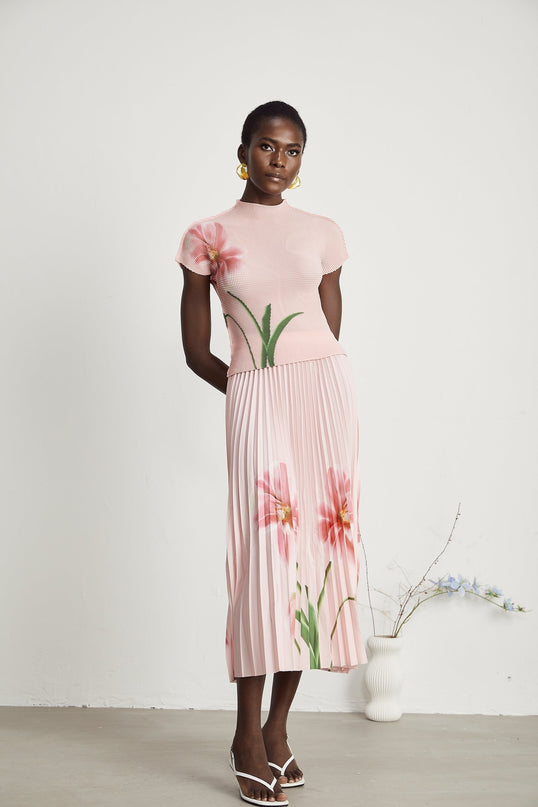 Michela Pink Floral Midi Dress crew neck short sleeves Terylene fiber floral print pleated detailing midi-length skirt luxury fashion