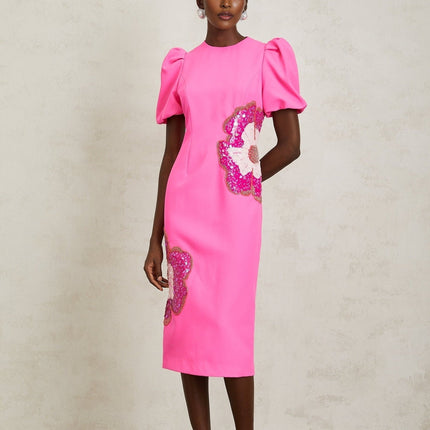 Michela Pink Midi Dress with Flower Motifs and Sequin Embellishments