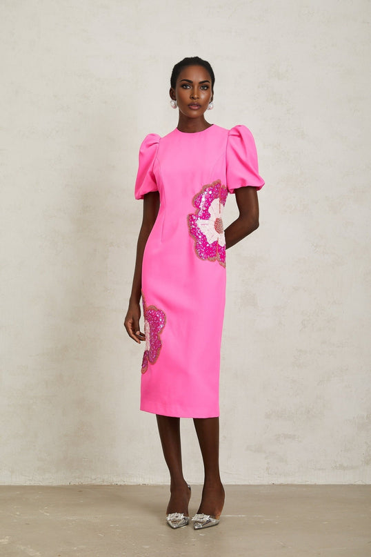 Michela Pink Midi Dress with Flower Motifs and Sequin Embellishments