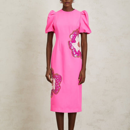 Michela Pink Midi Dress with Flower Motifs and Sequin Embellishments