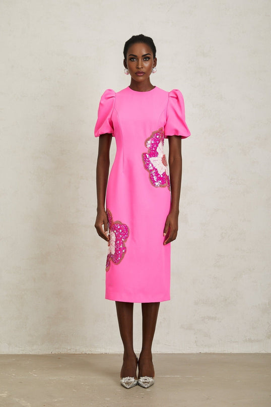 Michela Pink Midi Dress with Flower Motifs and Sequin Embellishments