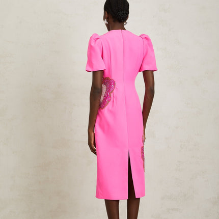 Michela Pink Midi Dress with Flower Motifs and Bead Embellishments