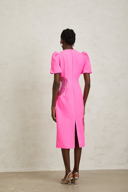 Michela Pink Midi Dress with Flower Motifs and Bead Embellishments