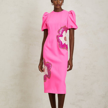 Michela Pink Midi Dress with Flower Motifs and Bead Embellishments