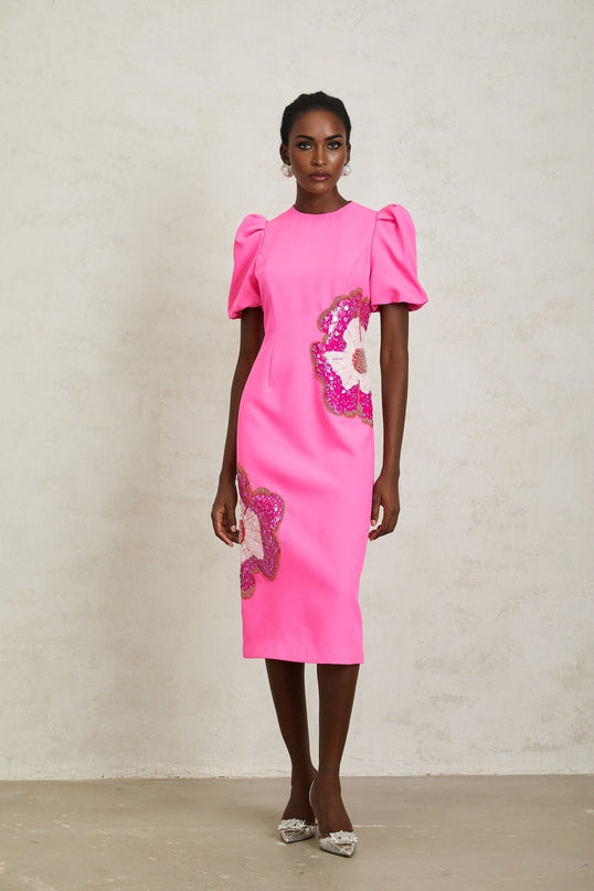 Michela Pink Midi Dress with Flower Motifs and Bead Embellishments