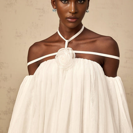 Michela White Floral Applique Mini Dress with Open Back Design