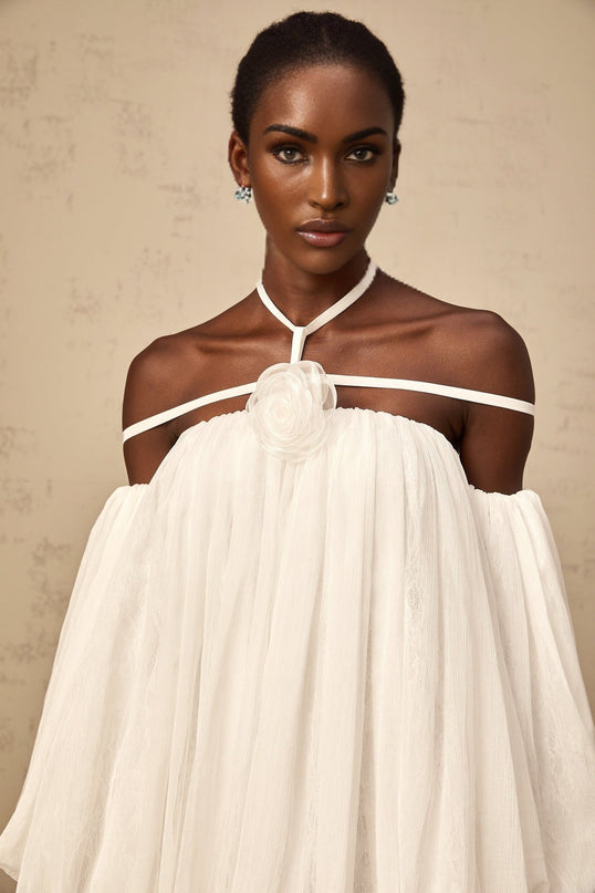 Michela White Floral Applique Mini Dress with Open Back Design