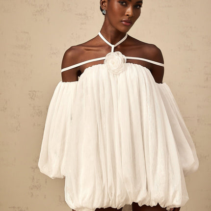 Michela White Floral Appliqué Tulle Mini Dress with Open Back Halterneck and Puff Sleeves