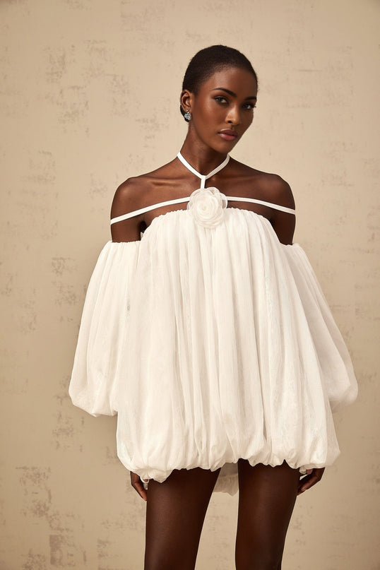 Michela White Floral Appliqué Tulle Mini Dress with Open Back Halterneck and Puff Sleeves