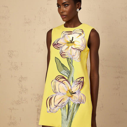 Michela Yellow Floral Embroidered Sequin Mini Dress