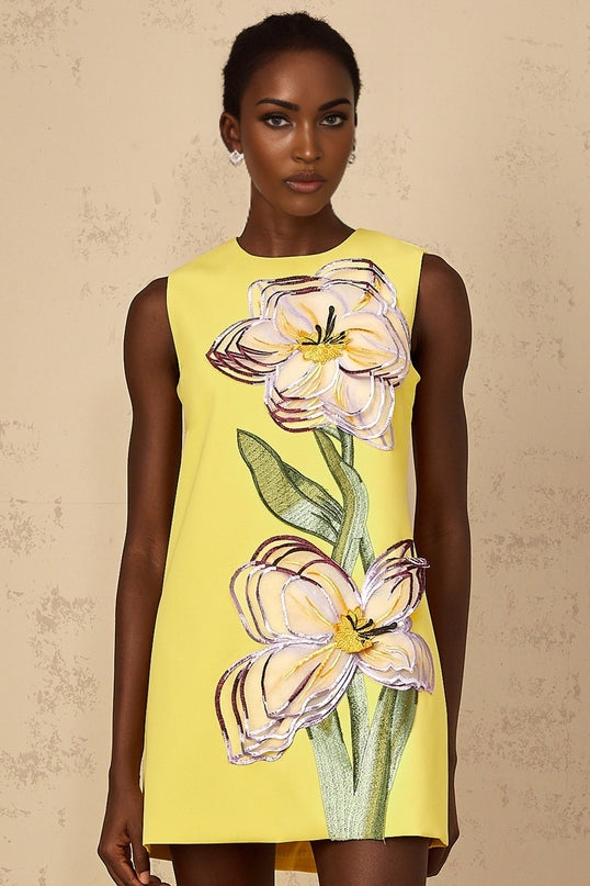 Michela Yellow Sequin Floral Embroidered Mini Dress