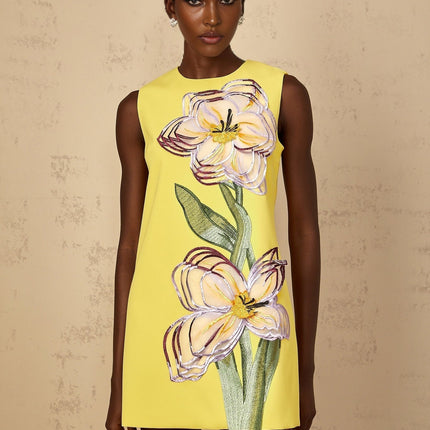 Michela Yellow Sequin Floral Embroidered Mini Dress