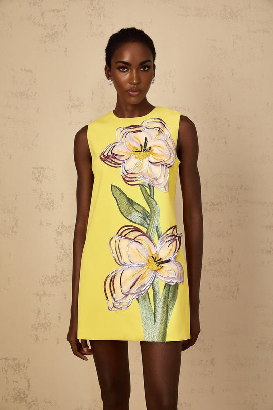Michela Yellow Sequin Floral Embroidered Mini Dress