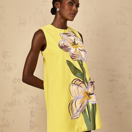 Michela Yellow Sequin Floral Embroidered Mini Dress