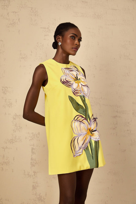 Michela Yellow Sequin Floral Embroidered Mini Dress