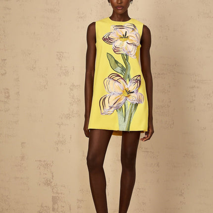 Michela Yellow Sequin Floral Embroidered Mini Dress