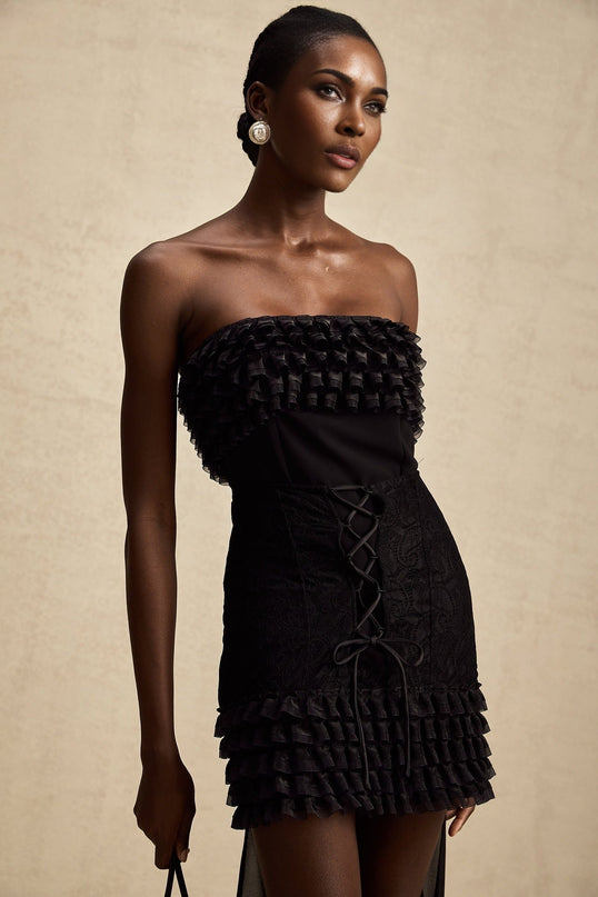 Michèle Black Strapless Mini Dress with Lace-Up Front and Frill Accents
