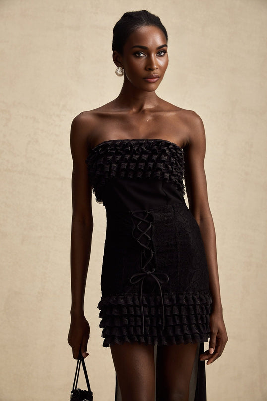 Michèle Black Strapless Mini Dress with Lace-Up Front Detail and Tiered Frill Accents
