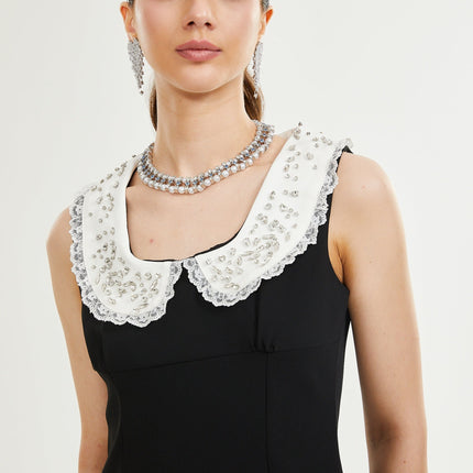 Michelina Black and White Lace Mini Dress with Crystal Embellishments