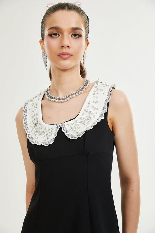 Michelina Black and White Lace Mini Dress with Crystal Embellishments