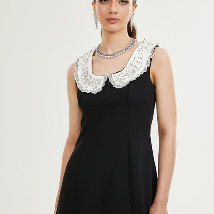Michelina Black and White Lace Trim Crystal Embellished Mini Dress