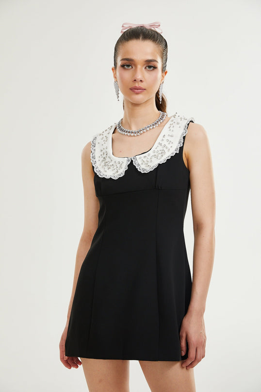 Michelina Black and White Lace Trim Crystal Embellished Mini Dress