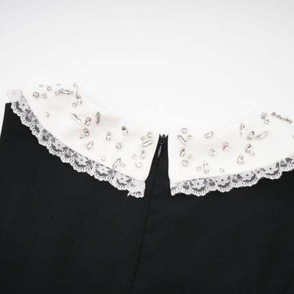 Michelina Black and White Lace Trim Crystal Embellished Mini Dress