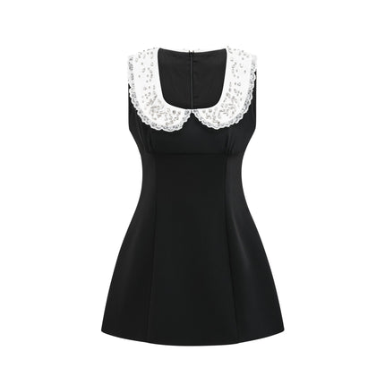 Michelina Black and White Lace Trim Crystal Embellished Mini Dress
