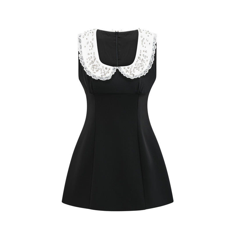 Michelina Black and White Lace Trim Crystal Embellished Mini Dress