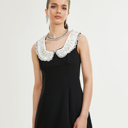 Michelina Black and White Lace Trim Crystal Embellished Mini Dress