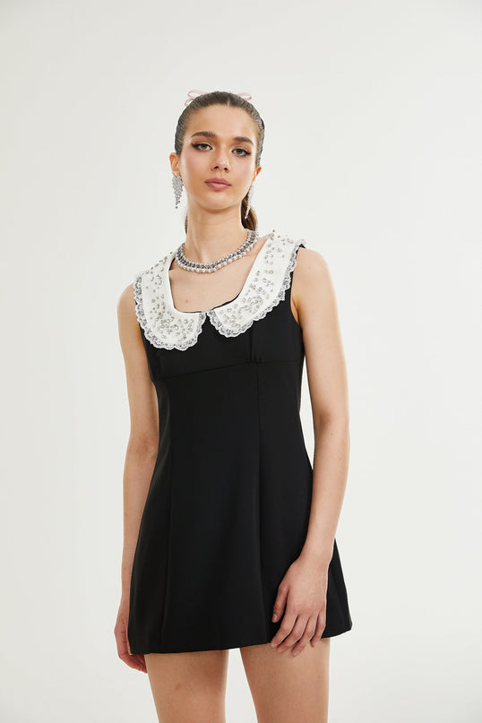 Michelina Black and White Lace Trim Crystal Embellished Mini Dress