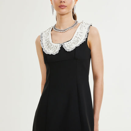 Michelina Black and White Lace Trim Mini Dress with Crystal Embellishments