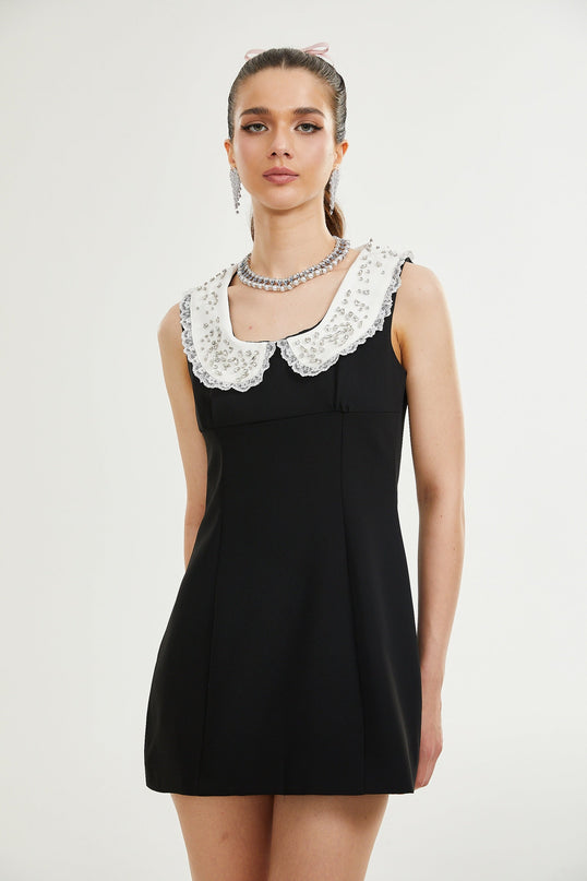 Michelina Black and White Lace Trim Mini Dress with Crystal Embellishments