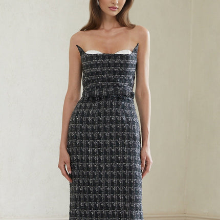 Michelina Black Plaid Tweed Midi Dress with Off-the-Shoulder Silhouette and Bow Detailing