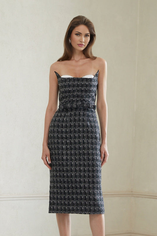 Michelina Black Plaid Tweed Midi Dress with Off-the-Shoulder Silhouette and Bow Detailing