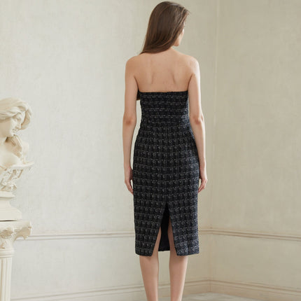 Michelina Black Plaid Tweed Midi Dress with Off-the-Shoulder Silhouette and Bow Detailing