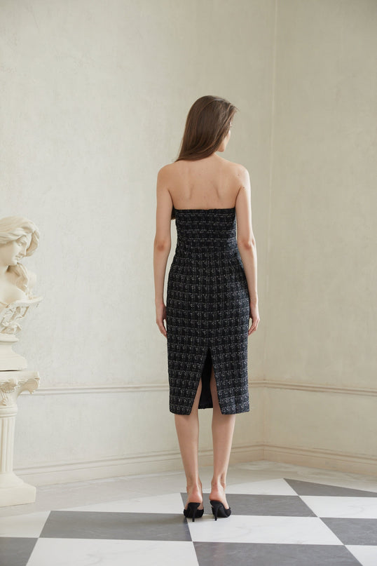 Michelina Black Plaid Tweed Midi Dress with Off-the-Shoulder Silhouette and Bow Detailing