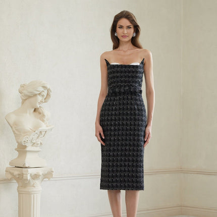 Michelina Black Plaid Tweed Midi Dress with Off-the-Shoulder Silhouette and Bow Detailing