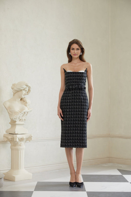 Michelina Black Plaid Tweed Midi Dress with Off-the-Shoulder Silhouette and Bow Detailing